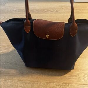 Longchamp Navy Nylon Tote with Brown Leather Trim